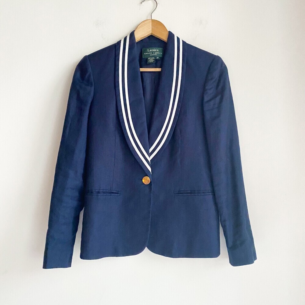 LAuren Ralph LAuren Navy Blue Linen Nautical Theme Fitted Blazer 4P